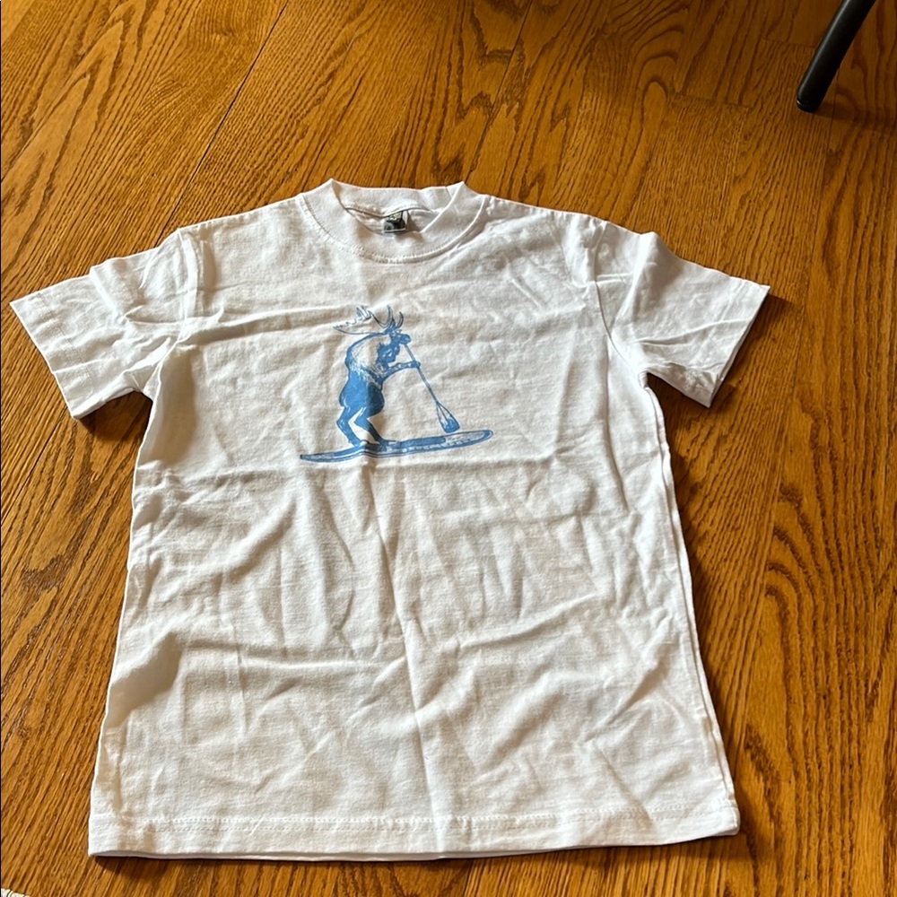 White Graphic Tee with Blue Moose Kayaking Design
